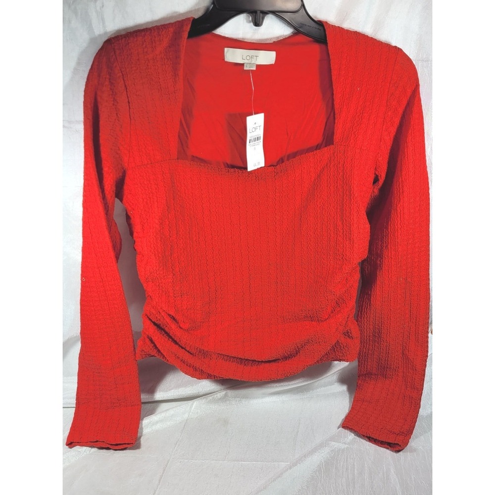 Loft Women's Square Neck Long Sleeve Ruched Sides Textured Sweater - Red - S